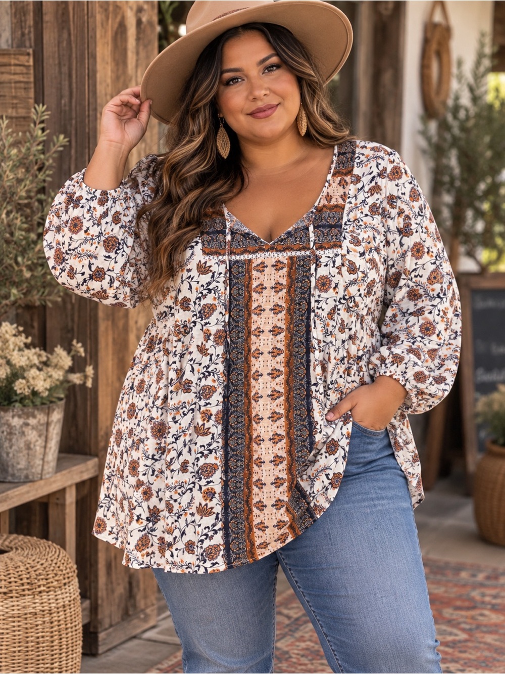 Vintage America Boho Floral Peasant Top | Size XXL Blue Rust White